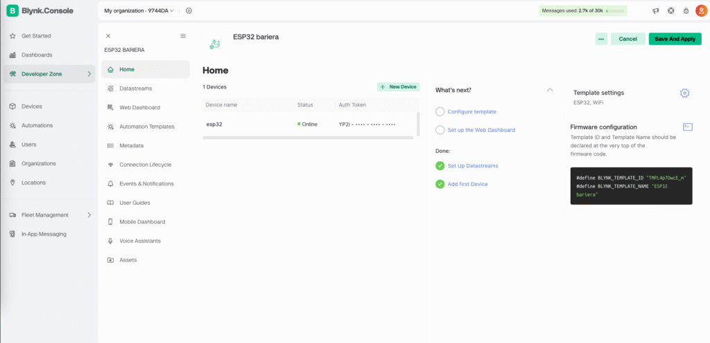 Setup Blynk Cloud configuration for the ESP32 device