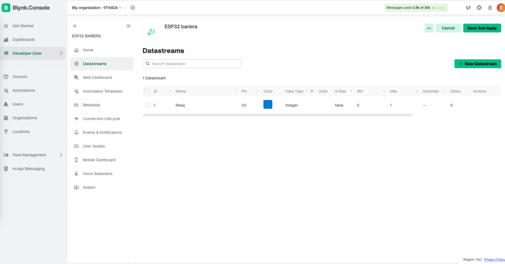Blynk cloud Datastream setup