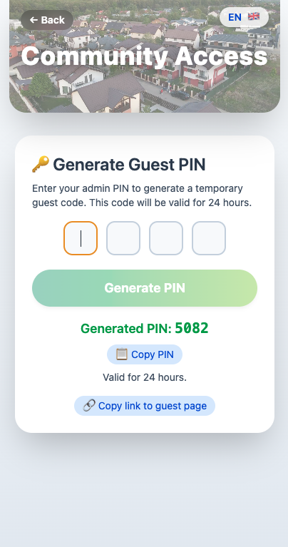 Admin view, generate pin flow