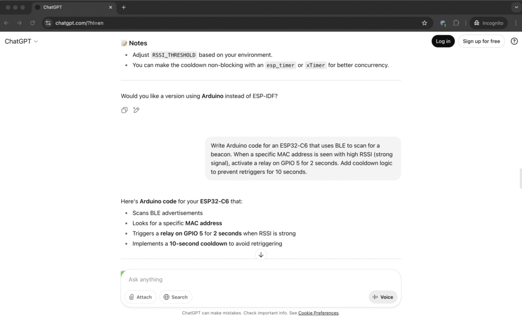 Ask ChatGPT to generate Arduino Code