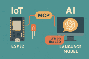 ESP32 development board connected to a relay module on a desk, symbolizing AI-controlled IoT through MCP.